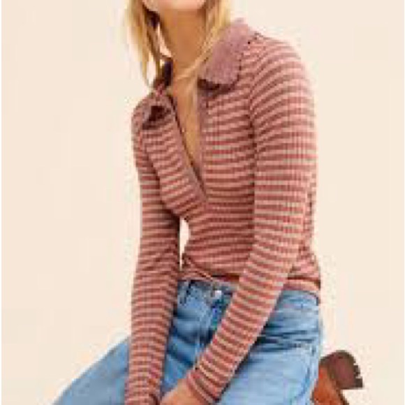 Free People Tops - Free People Delilah Checker Polo knit henley in rust stripe